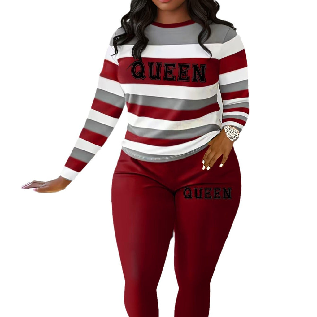 Round-neck Long Pants And Long-sleeve Digital-print Casual Two-piece Set