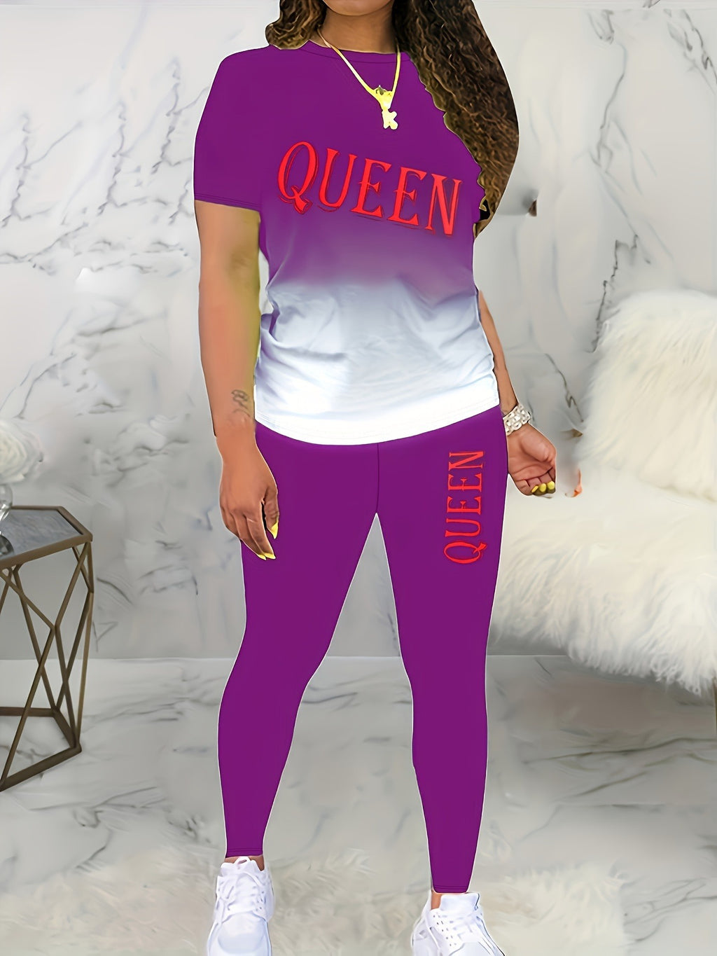 Letter Printed Round Neck Short Sleeve Trousers Suit