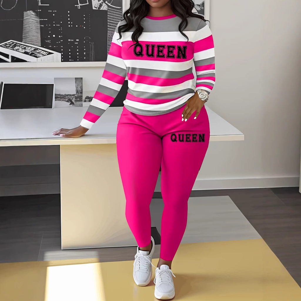 Round-neck Long Pants And Long-sleeve Digital-print Casual Two-piece Set