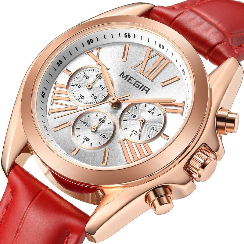 Brand multi-function chronograph leather quartz watch
