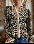 Digital-print Leopard-pattern Lace Long-sleeve Womens Versatile Top