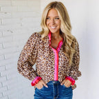 Digital-print Leopard-pattern Lace Long-sleeve Womens Versatile Top