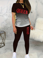 Letter Printed Round Neck Short Sleeve Trousers Suit