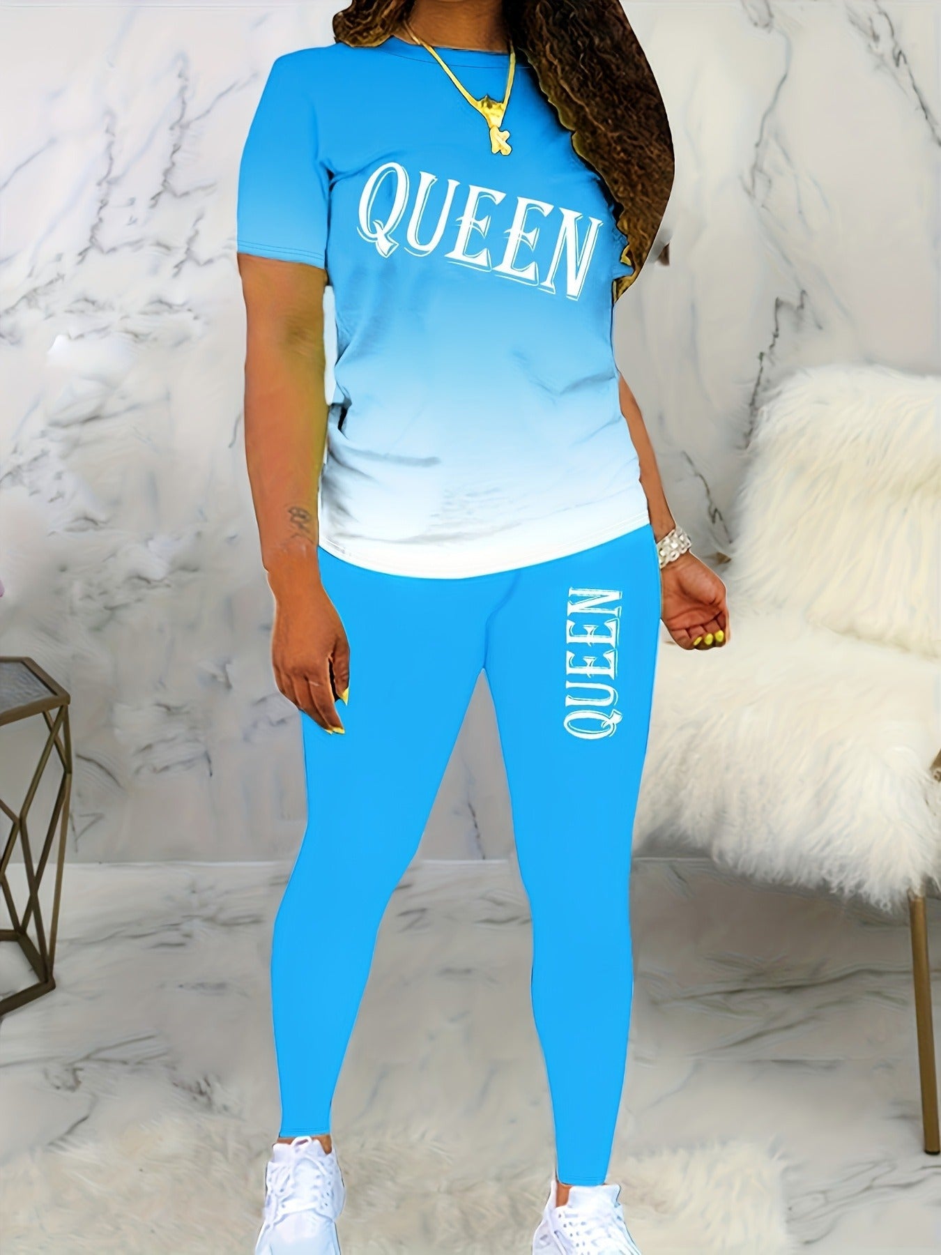 Letter Printed Round Neck Short Sleeve Trousers Suit
