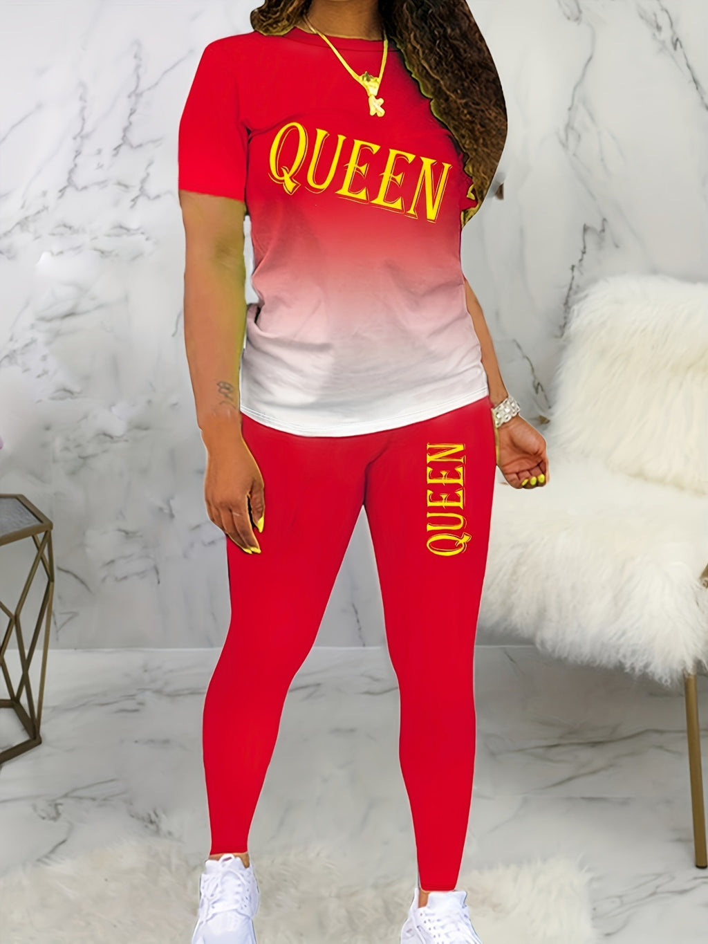 Letter Printed Round Neck Short Sleeve Trousers Suit