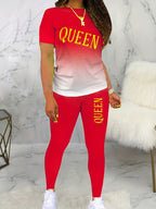 Letter Printed Round Neck Short Sleeve Trousers Suit