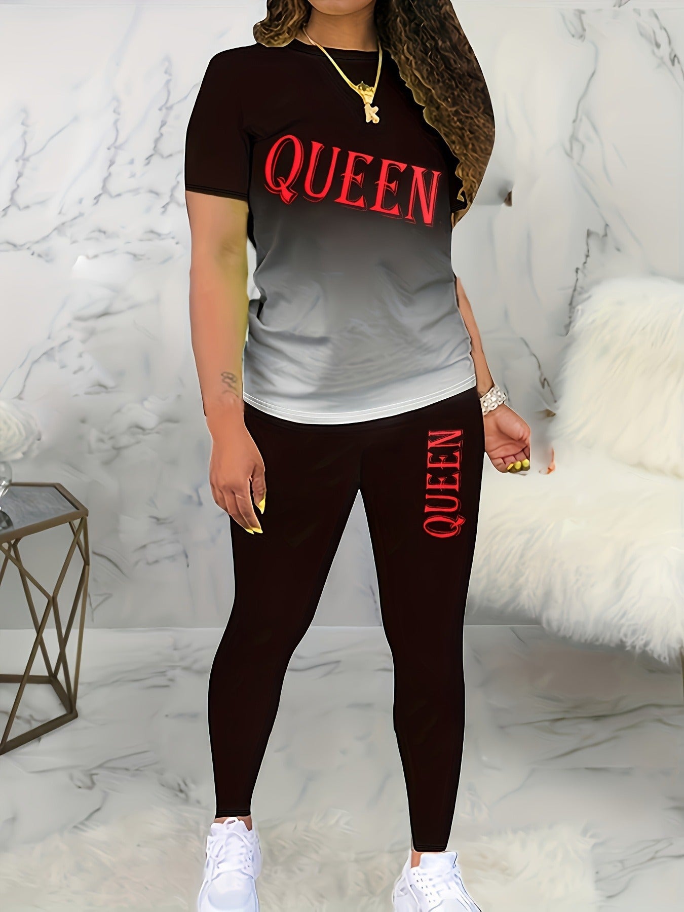 Letter Printed Round Neck Short Sleeve Trousers Suit